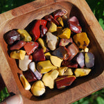 These pieces measure approximately .6 to .9 inches with most measuring .75 inches.  These Tiger's Eye tumbled stones are sold in sets of 6 pieces.