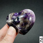 Chevron Amethyst Carved Crystal Heart Shaped Palm Stones, Zambia