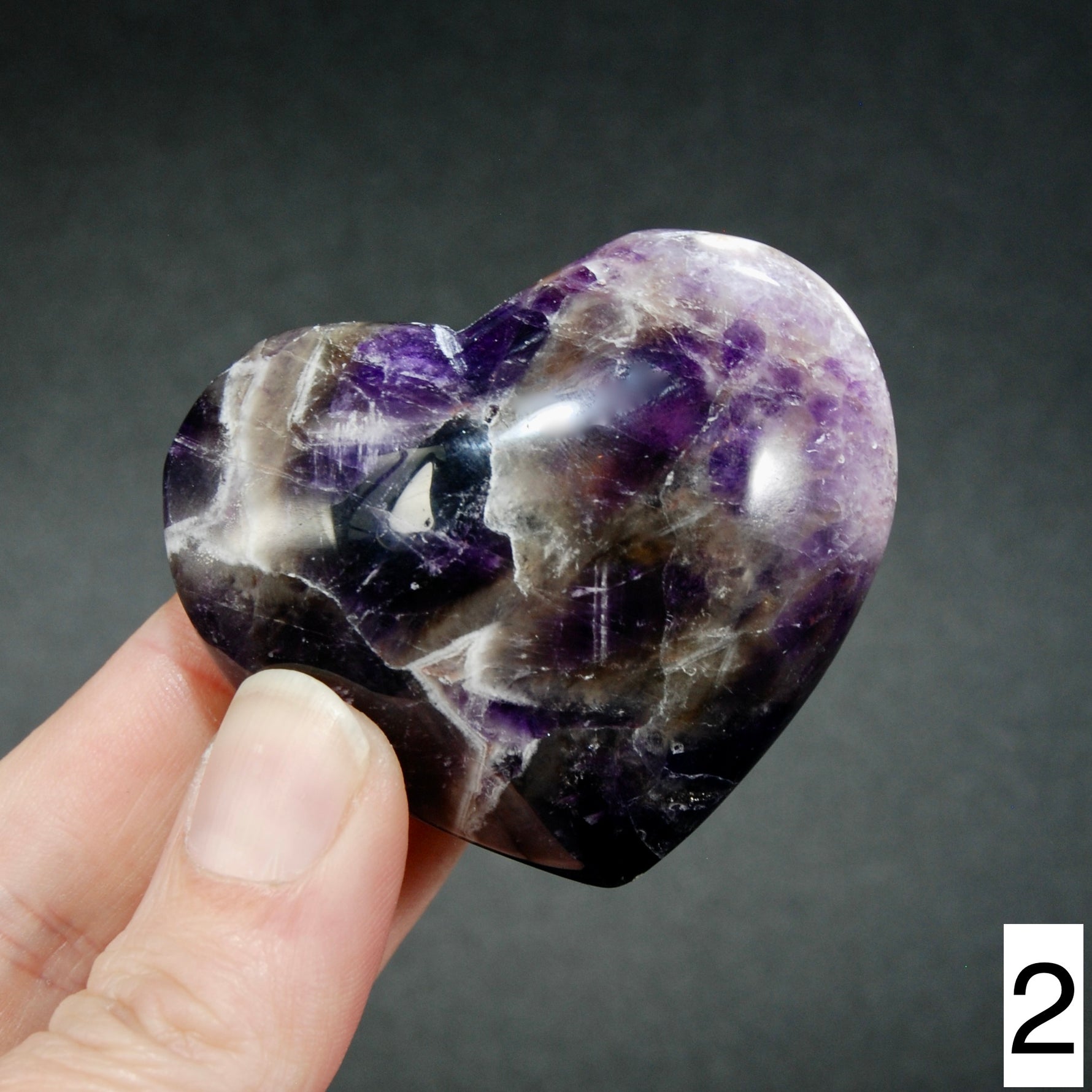 Chevron Amethyst Carved Crystal Heart Shaped Palm Stones, Zambia