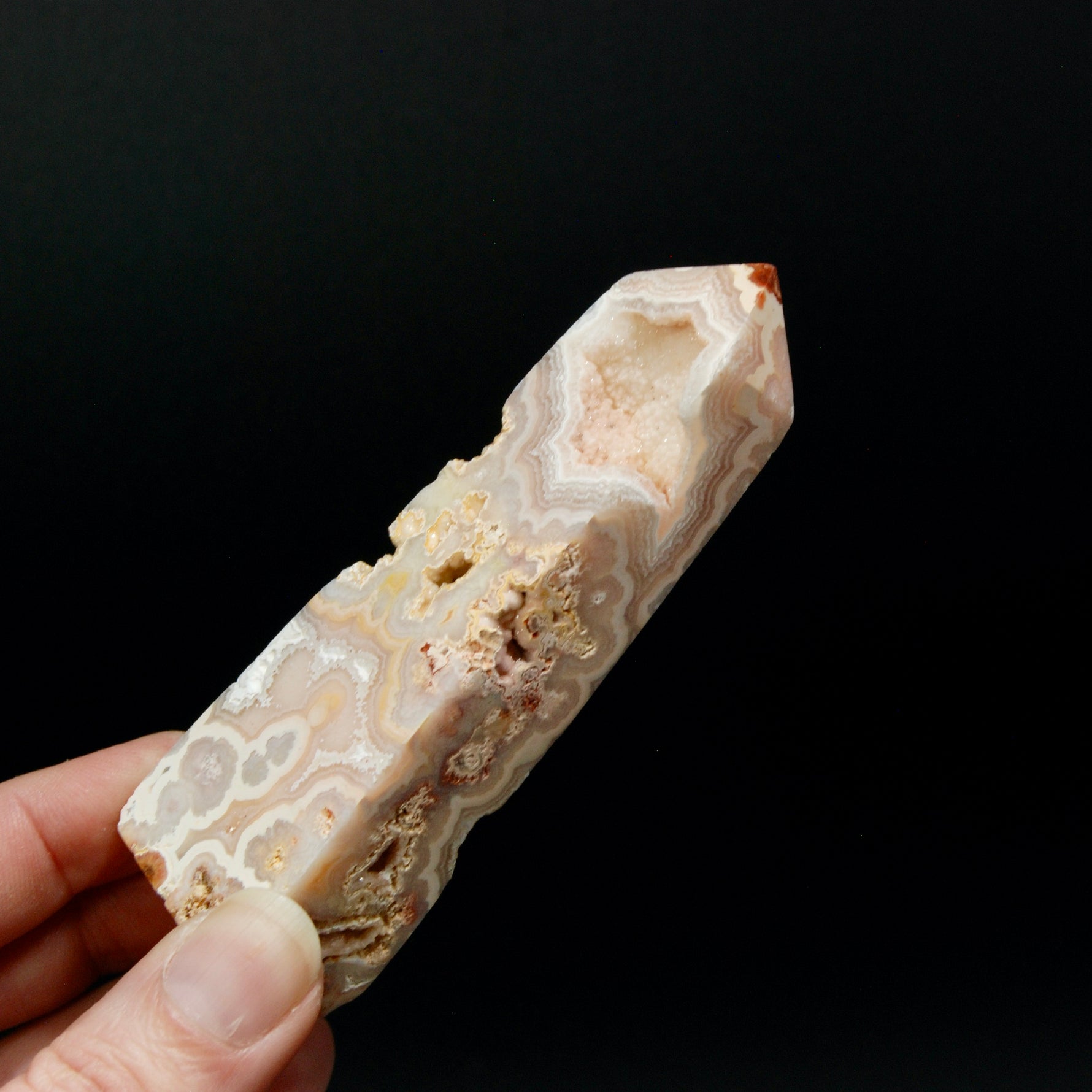 PINK Crazy Lace Agate Druzy Filled Crystal Tower, Indonesia