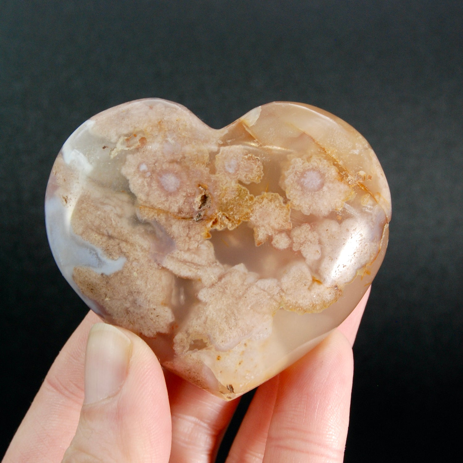 Large Sakura Flower Agate Heart Shaped Palm Stone, Madagascar