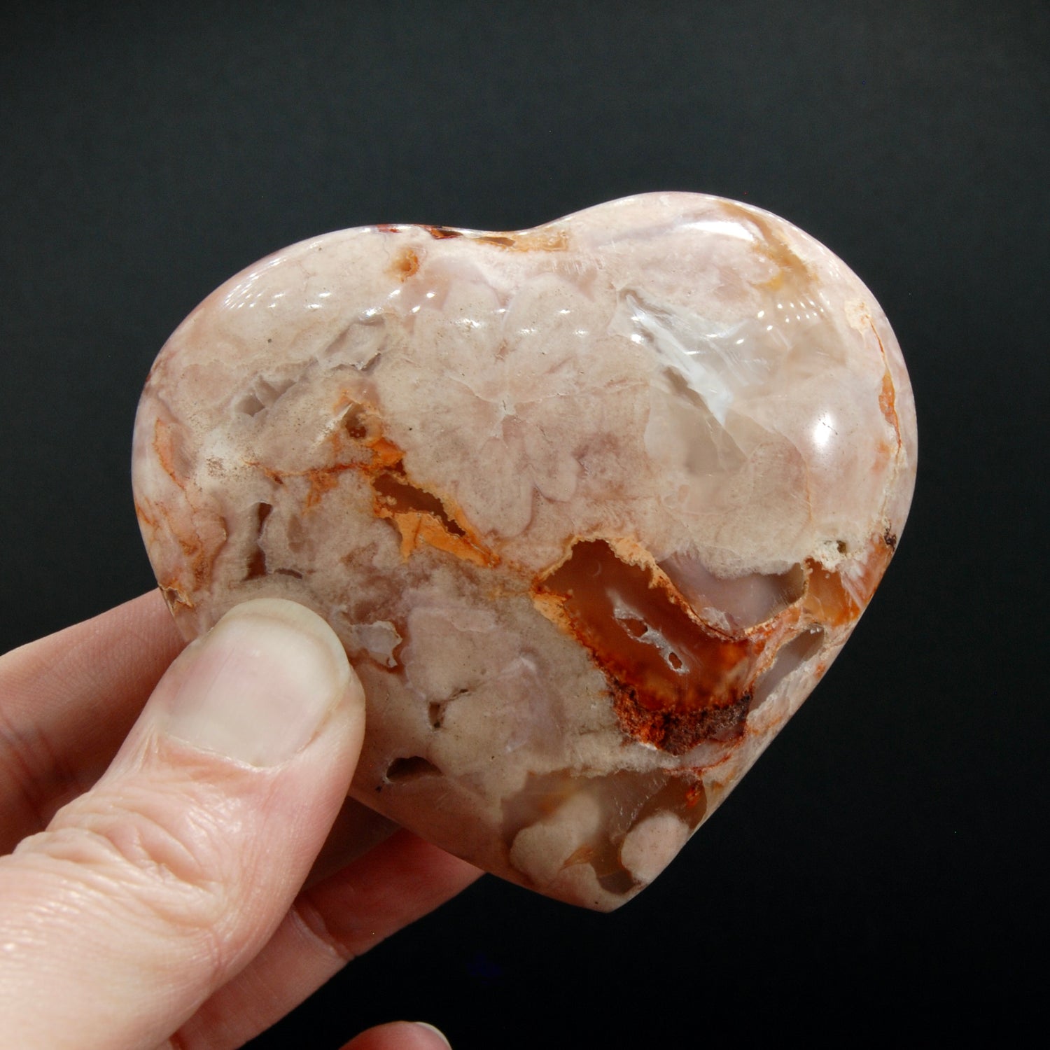 Flower Agate Heart Shaped Palm Stone, Sakura Agate Crystal Heart