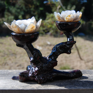 Agate Geode Lotus Flower Pair Hand Carved Crystal with Burl Stand