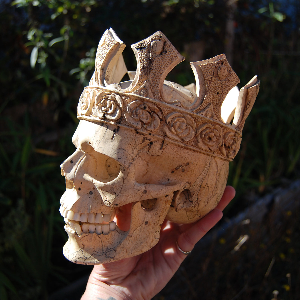 Carved Human Skull with Crown in Wood with Bone Teeth