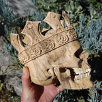 Carved Human Skull with Crown in Wood with Bone Teeth