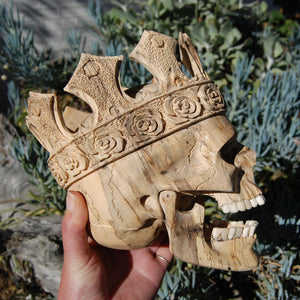 Carved Human Skull with Crown in Wood with Bone Teeth