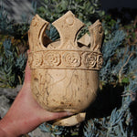Carved Human Skull with Crown in Wood with Bone Teeth