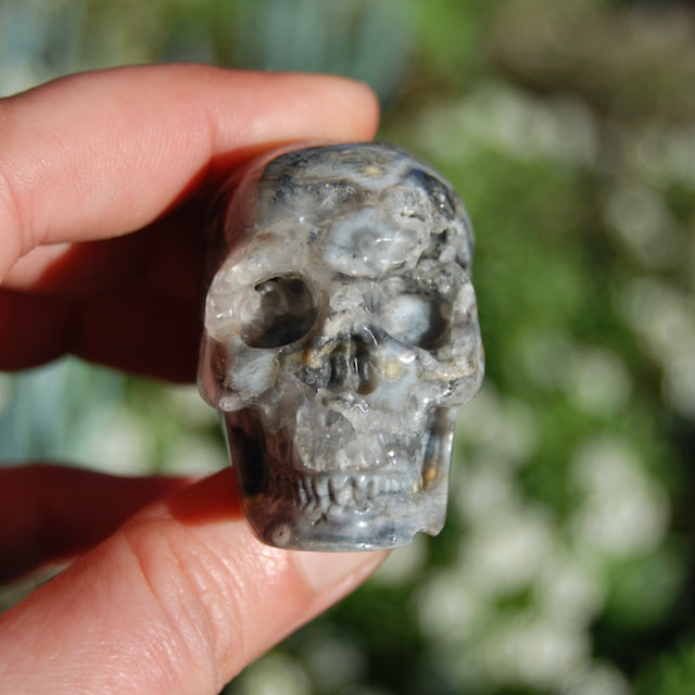 Ocean Jasper Carved Crystal Geode Skull Realistic Gemstone Carving Blue