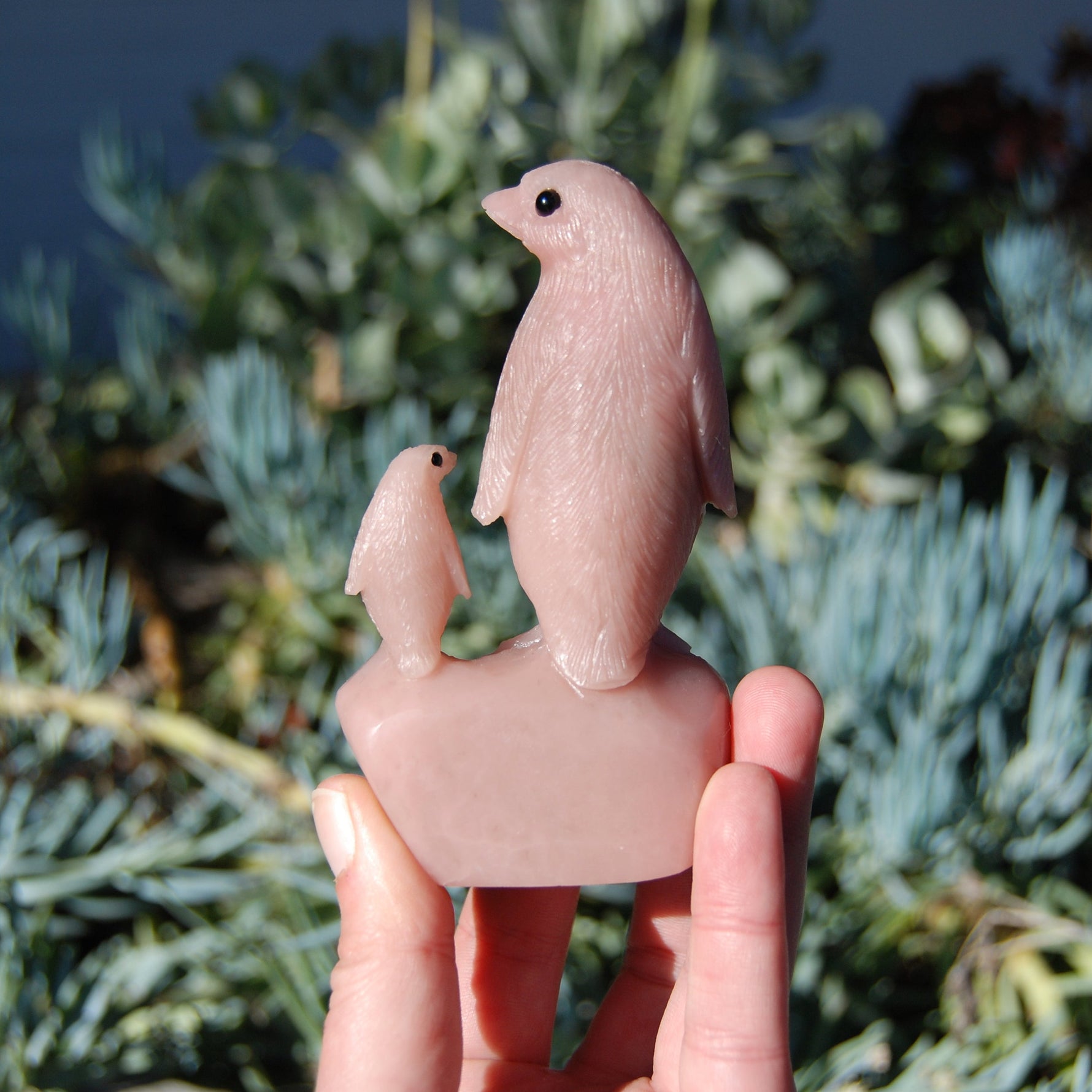 Pink "Opal" Soapstone Penguin and Baby Crystal Carving