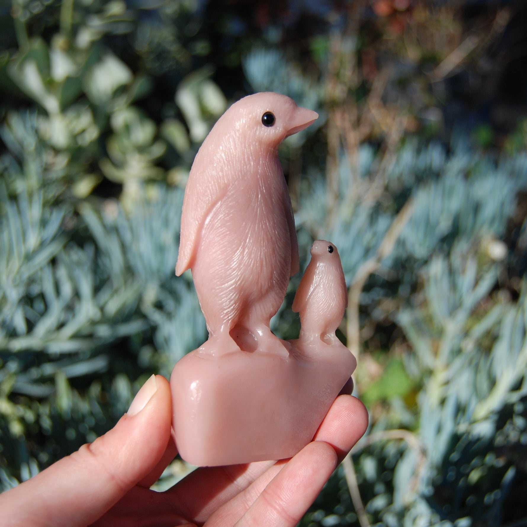 Pink "Opal" Soapstone Penguin and Baby Crystal Carving