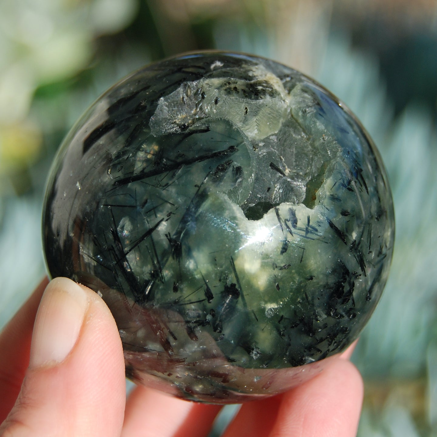 Prehnite and Black Tourmaline Crystal Sphere