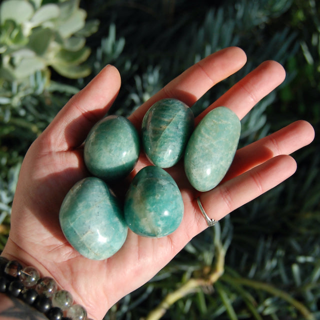 Amazonite Crystal Palm Stone from Brazil Flashy