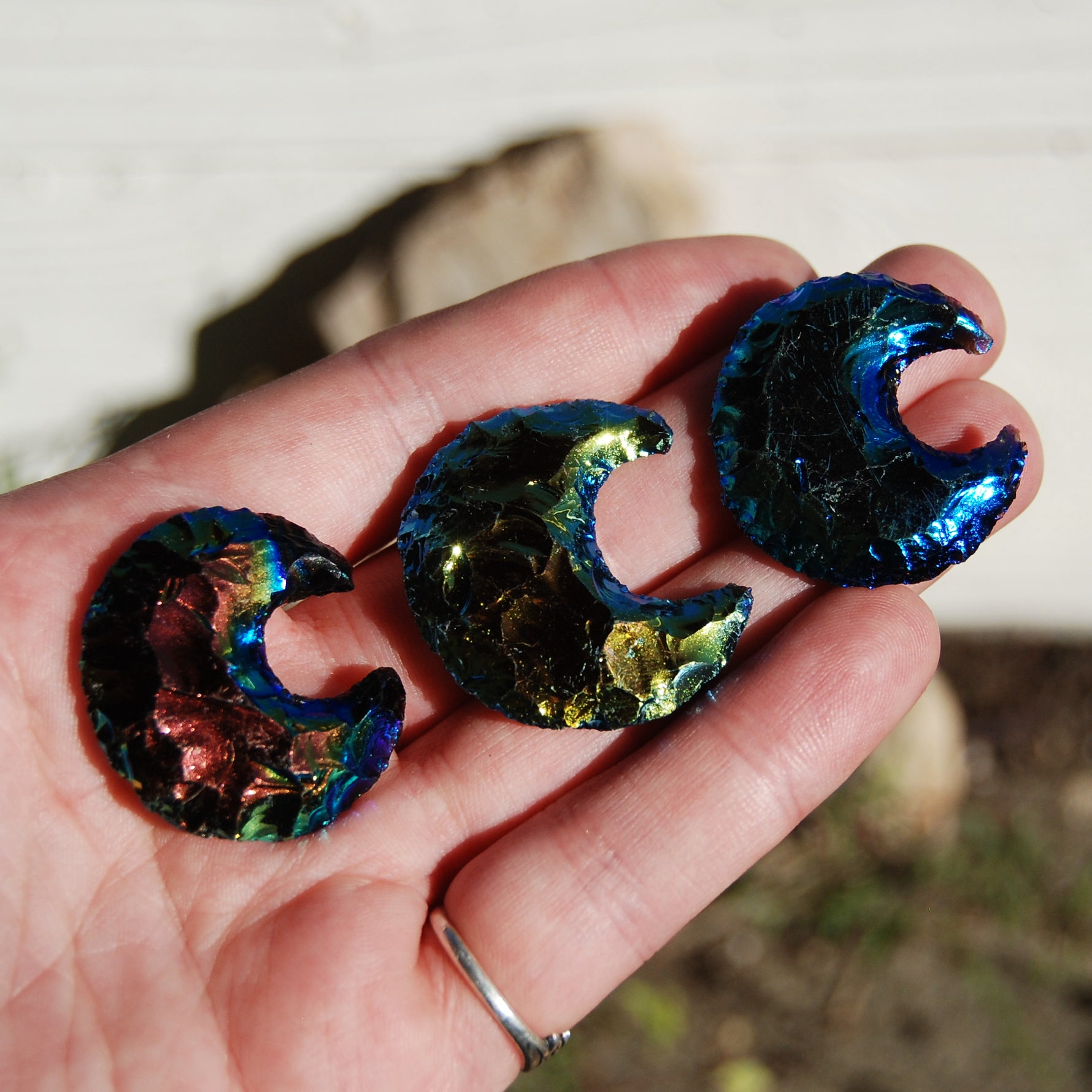 Titanium Aura Black Obsidian Crescent Moon 
