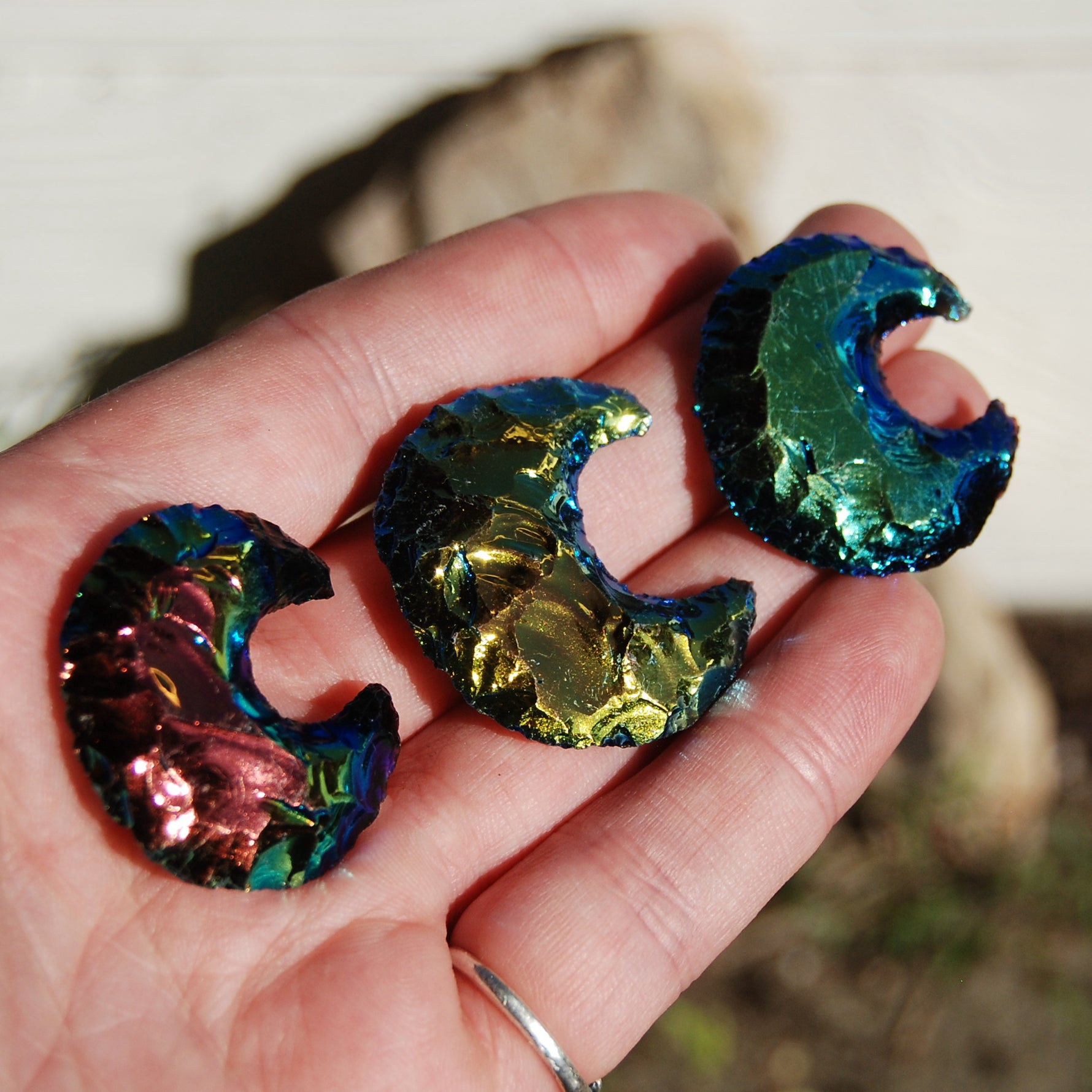 Titanium Aura Black Obsidian Crescent Moon 