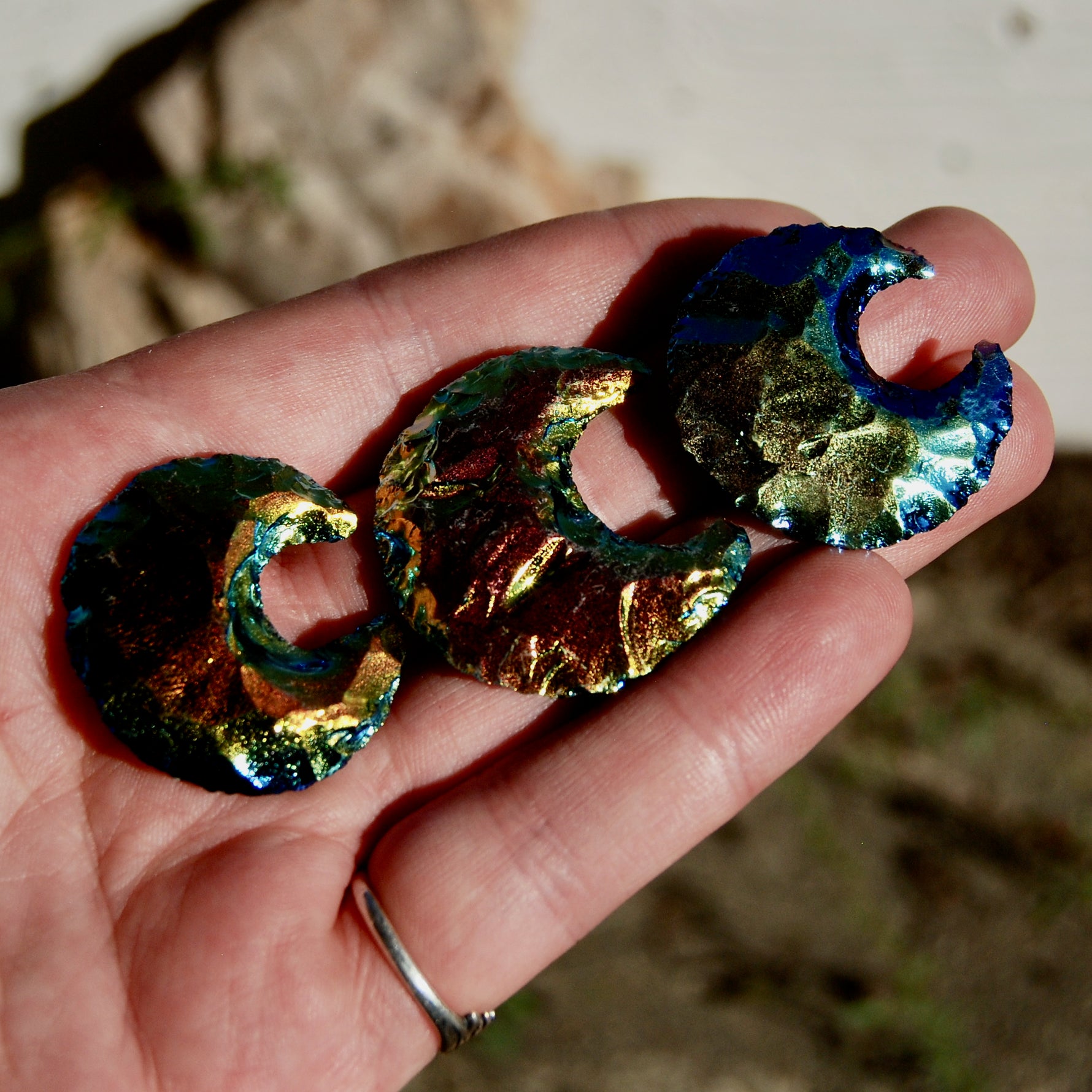 Titanium Aura Black Obsidian Crescent Moon 