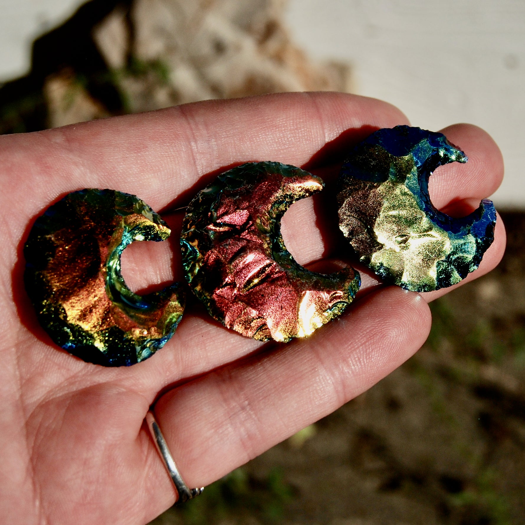 Titanium Aura Black Obsidian Crescent Moon 