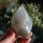 For your consideration is this beautiful carved and polished Orca Agate flame from Madagascar. This beauty weighs 358 grams and measures 3.75 inches tall. It is self standing.  Orca Agate is a stone of communication and truth. It is grounding and improves self esteem. A peaceful and soothing stone that holds the energy of the Ocean.  Chakra: Throat and Root.
