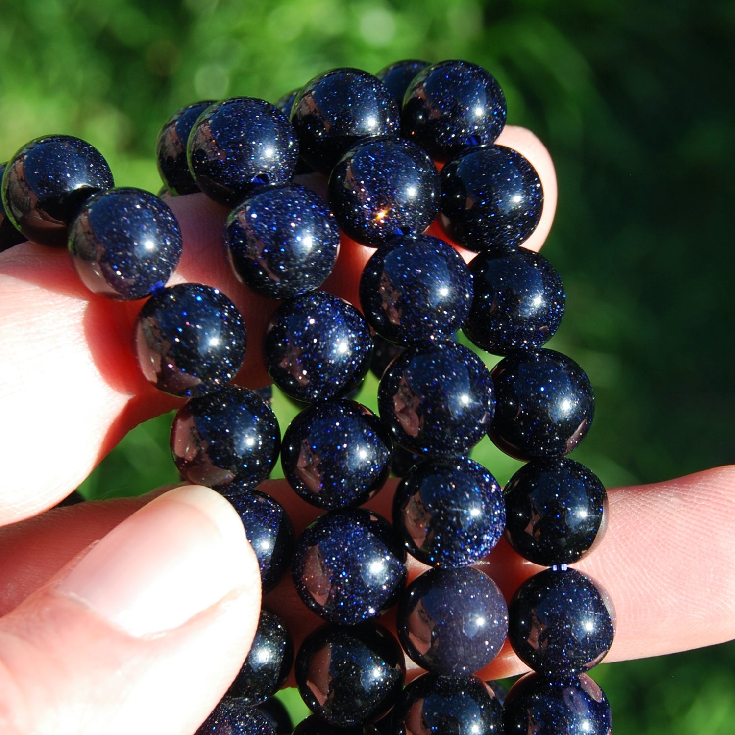 Blue Goldstone Beaded Bracelet, 10mm Sparkling Crystal BeadsBlue Goldstone Beaded Bracelet