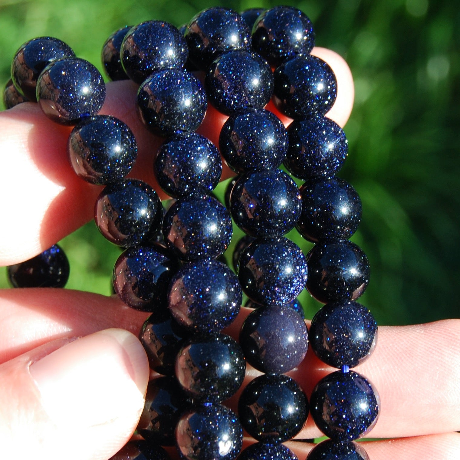 Blue Goldstone Beaded Bracelet, 10mm Sparkling Crystal BeadsBlue Goldstone Beaded Bracelet