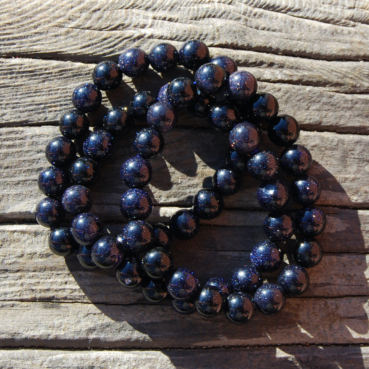 Blue Goldstone Beaded Bracelet, 10mm Sparkling Crystal BeadsBlue Goldstone Beaded Bracelet