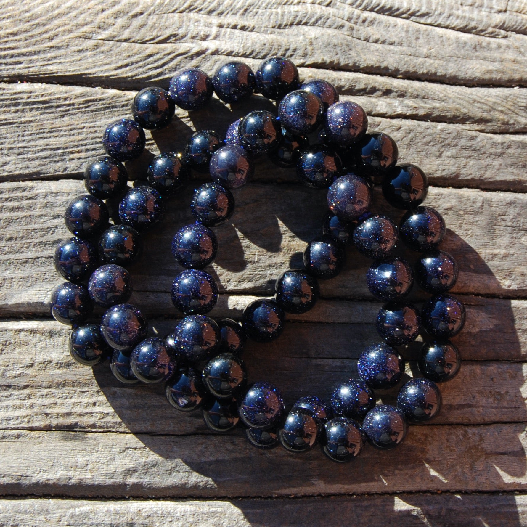 Blue Goldstone Beaded Bracelet, 10mm Sparkling Crystal BeadsBlue Goldstone Beaded Bracelet