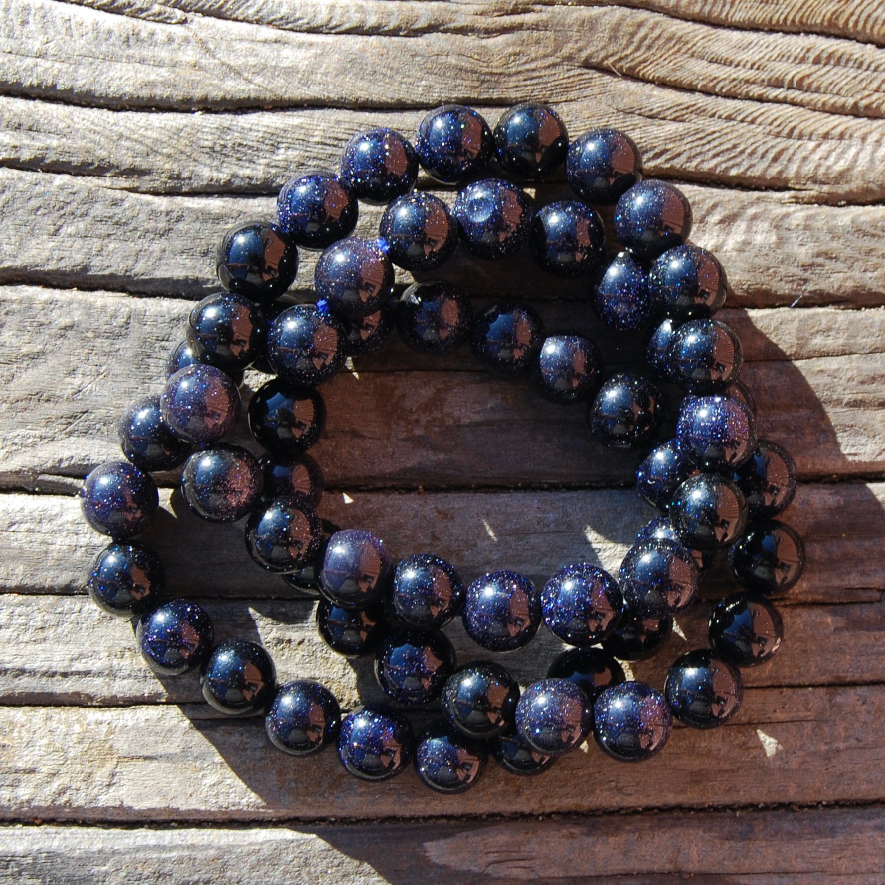 Blue Goldstone Beaded Bracelet, 10mm Sparkling Crystal BeadsBlue Goldstone Beaded Bracelet