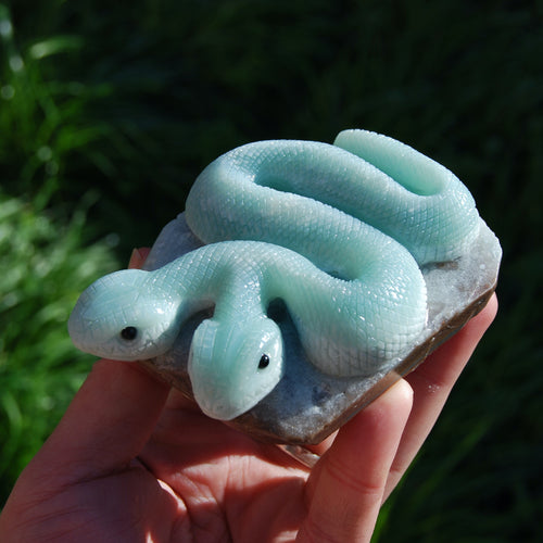 Curious Two Headed Carved Crystal Snake Curio, Master Carved Chinese Amazonite, OOAK