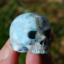Load image into Gallery viewer, Genuine Larimar Carved Crystal Skull, Realistic Larimar Gemstone
