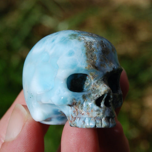 Genuine Larimar Carved Crystal Skull, Realistic Larimar Gemstone