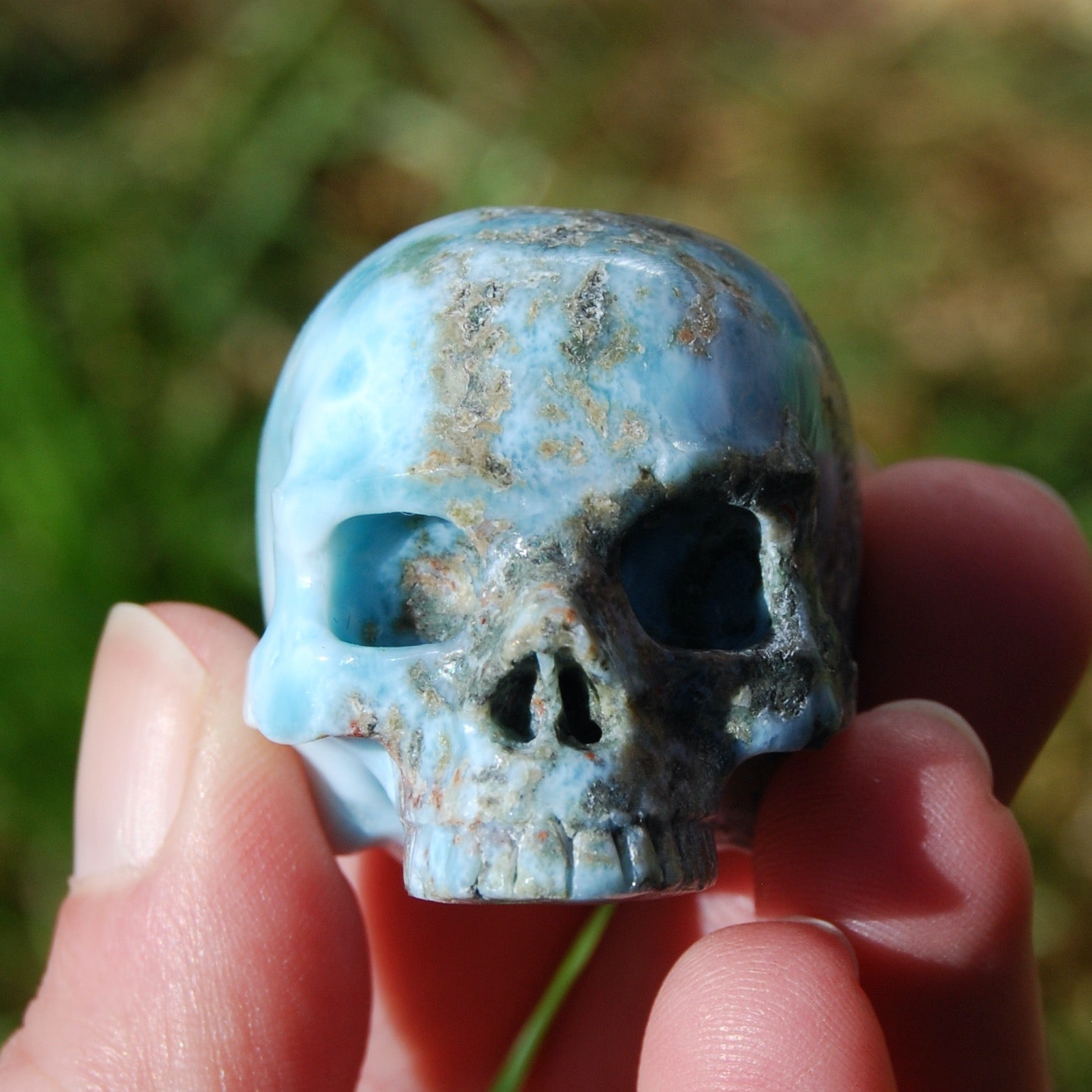 Genuine Larimar Carved Crystal Skull, Realistic Larimar Gemstone