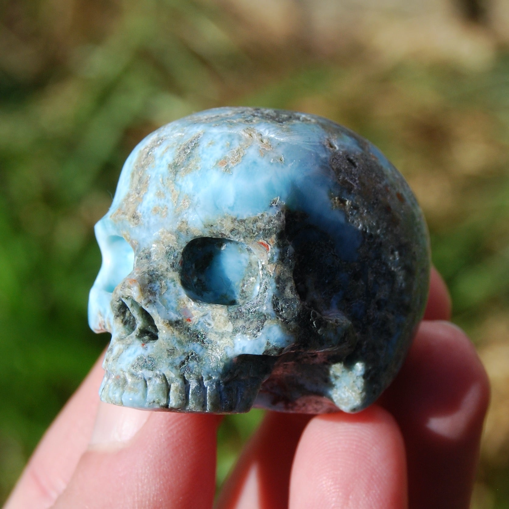 Genuine Larimar Carved Crystal Skull, Realistic Larimar Gemstone