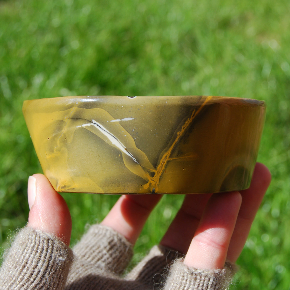 Mookaite Jasper Carved Crystal Bowl Yellow Cream Brown