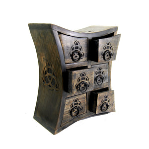 Triquetra Curved Table Cabinet, Pentagram Chest with 6 Drawers, Carved For Herbs Incense Altar Tools Jewelry Storage