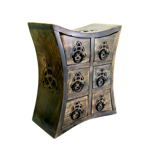 Triquetra Curved Table Cabinet, Pentagram Chest with 6 Drawers, Carved For Herbs Incense Altar Tools Jewelry Storage