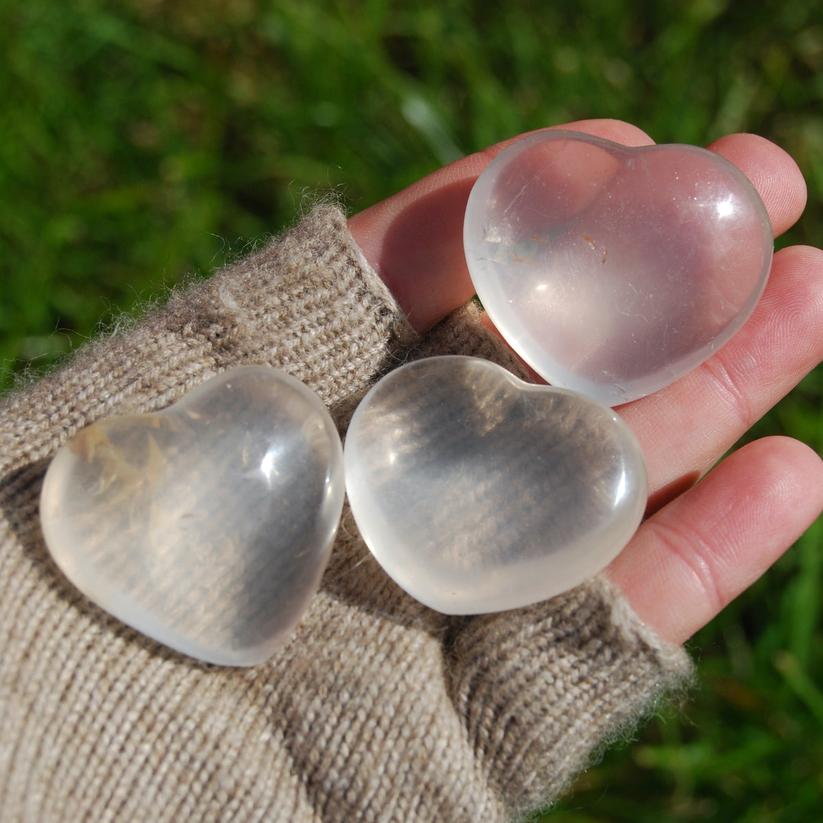 Girasol Clear Quartz Heart Shaped Crystal Palm Stone