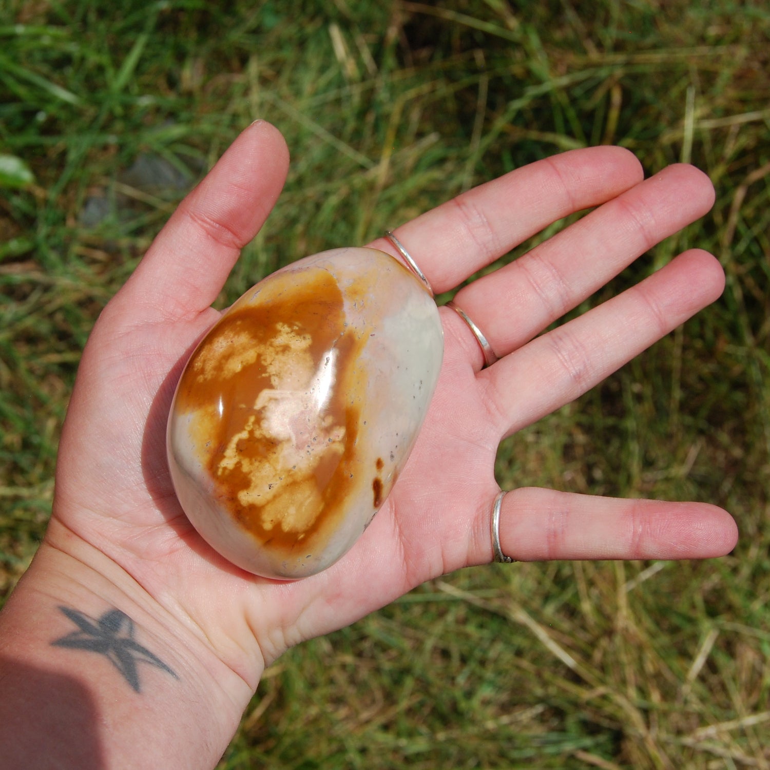 Polychrome Jasper Carved Crystal Palm Stone 260g 3"
