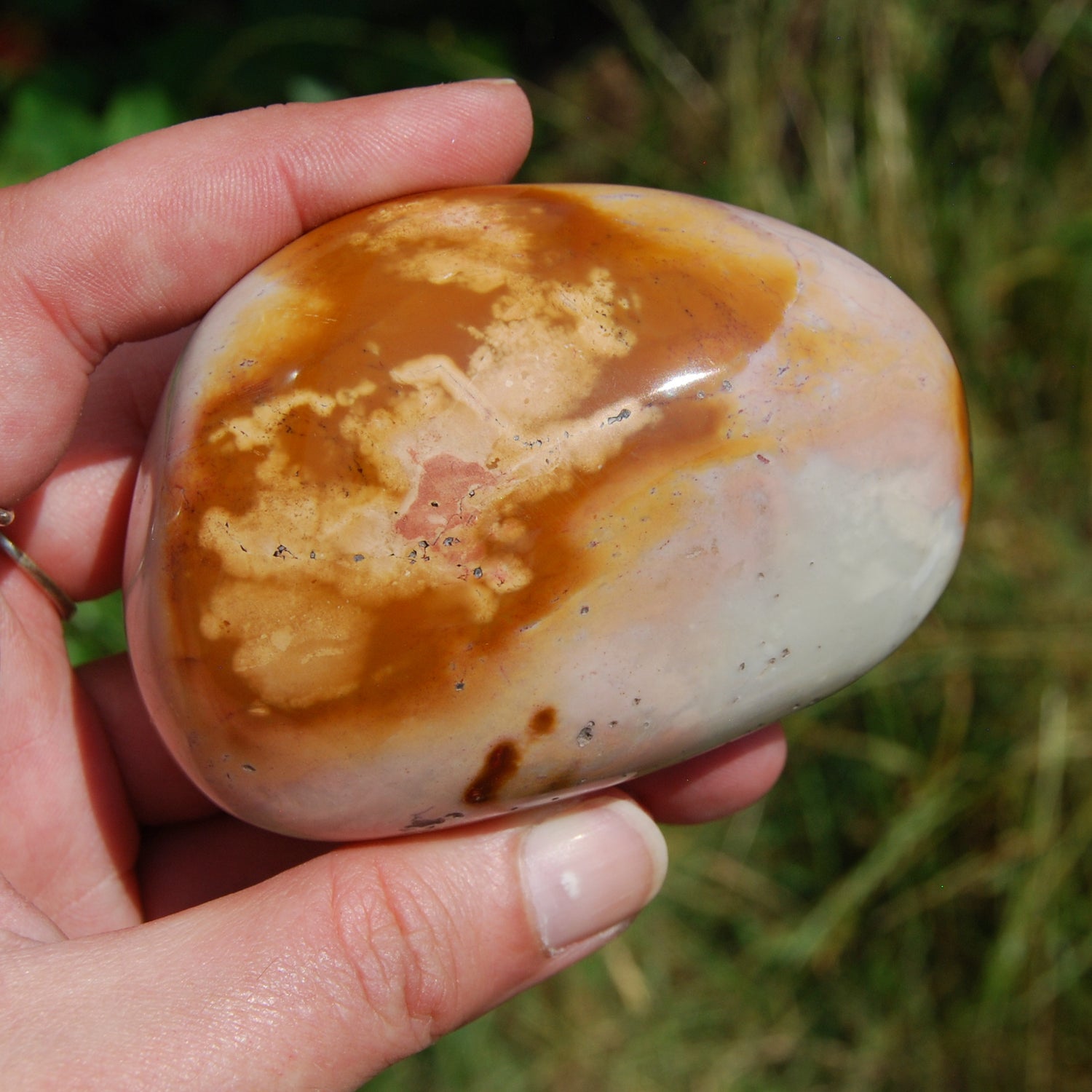 Polychrome Jasper Carved Crystal Palm Stone 260g 3"