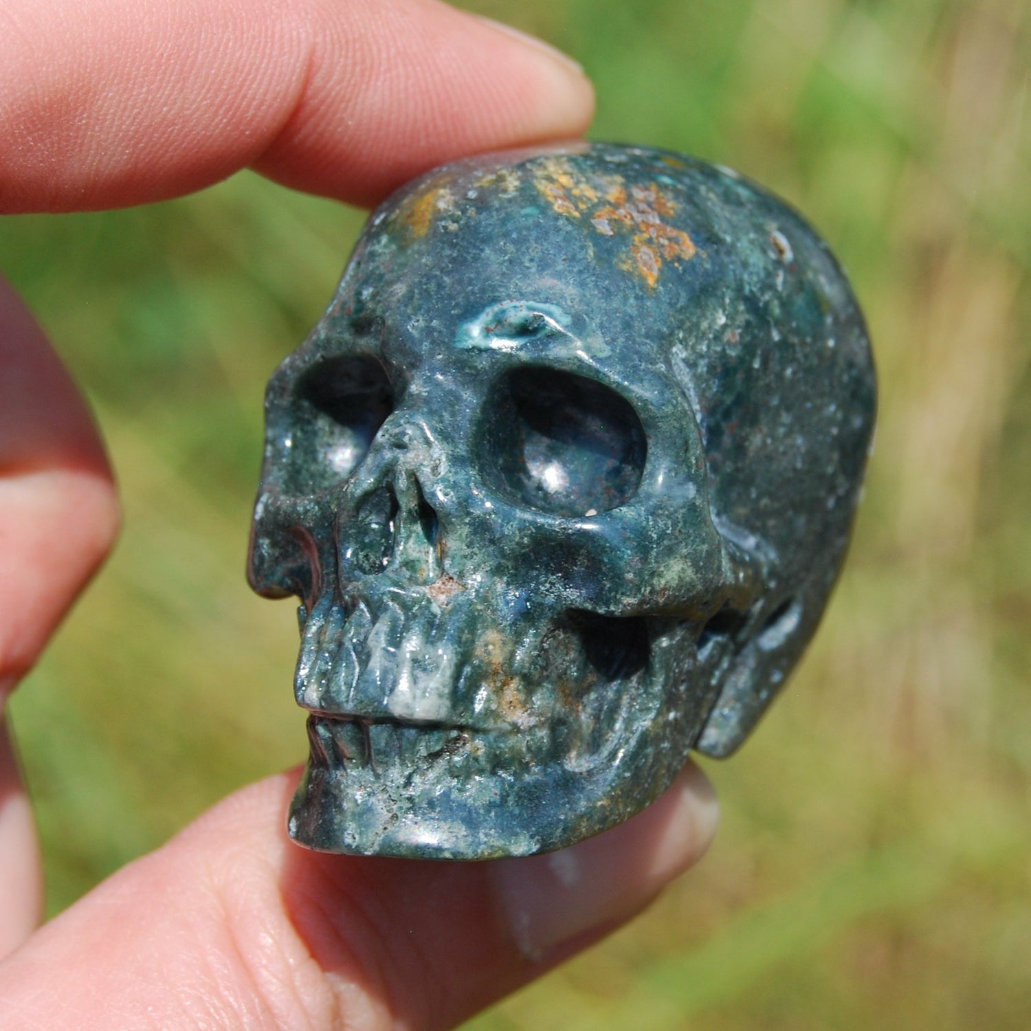 Indian Agate Carved Crystal Skull Realistic Gemstone Carving 2 Inch