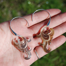 Load image into Gallery viewer, Mother of Pearl Feather Scroll Earrings Hand Carved Shell Sterling Silver
