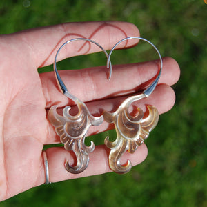 Mother of Pearl Feather Scroll Earrings Hand Carved Shell Sterling Silver