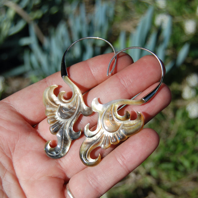 Mother of Pearl Feather Scroll Earrings Hand Carved Shell Sterling Silver