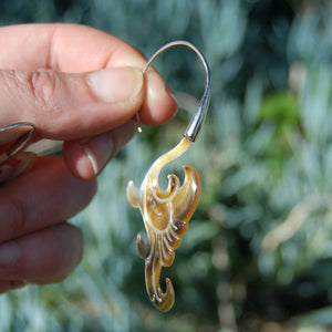 Mother of Pearl Feather Scroll Earrings Hand Carved Shell Sterling Silver