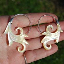 Load image into Gallery viewer,  Mother of Pearl Feather Scroll Earrings Hand Carved Shell Sterling Silver
