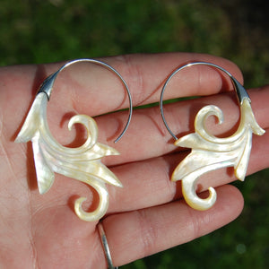  Mother of Pearl Feather Scroll Earrings Hand Carved Shell Sterling Silver