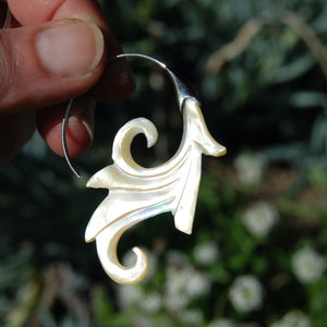 Mother of Pearl Feather Scroll Earrings Hand Carved Shell Sterling Silver