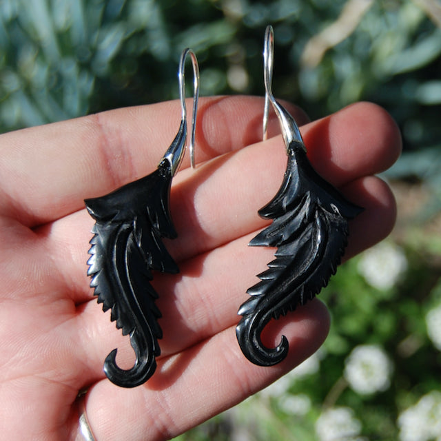 Feather Scroll Earrings Hand Carved Cow Horn Sterling Silver