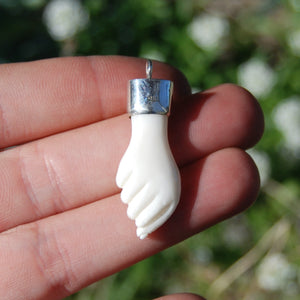 Hand Shaped Fist Pendant Good Luck Charm Antique Reproduction Hand Carved Ox Bone