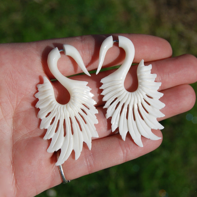 Faux Gauge Earrings Feather Wing Spiral White Bovine Bone Hand Carved