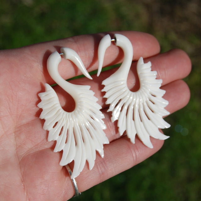 Faux Gauge Earrings Feather Wing Spiral White Bovine Bone Hand Carved