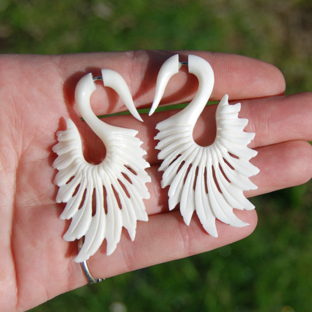 Faux Gauge Earrings Feather Wing Spiral White Bovine Bone Hand Carved